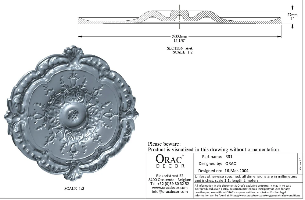Розетка Orac Decor R31 потолочная D385x27